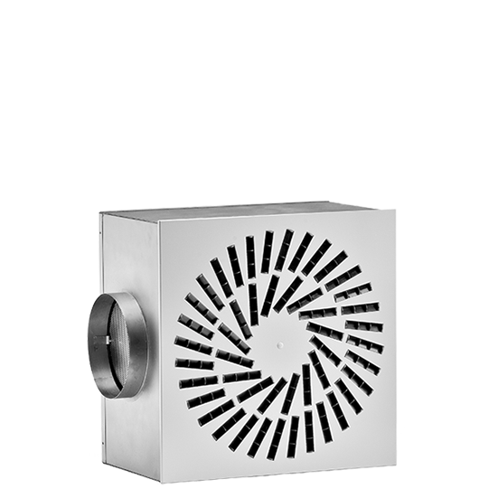 Quadratischer Dralldurchlass DRA 4 aus Aluminium für radiale Zu‑ und Abluftverteilung in Deckensystemen